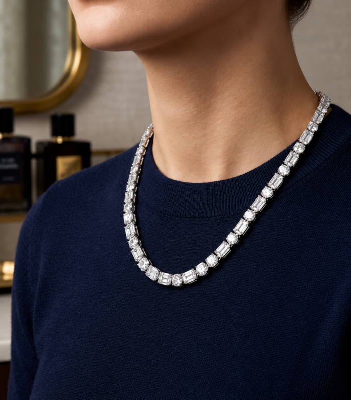 Tennis Necklace in Emerald & Round Diamonds